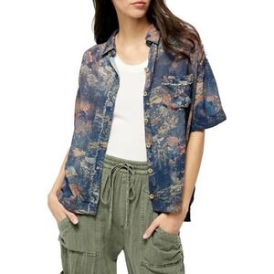 We the Free Floral Women's S Button Up Good Vibes Boho Hawaiian Slouchy Navy